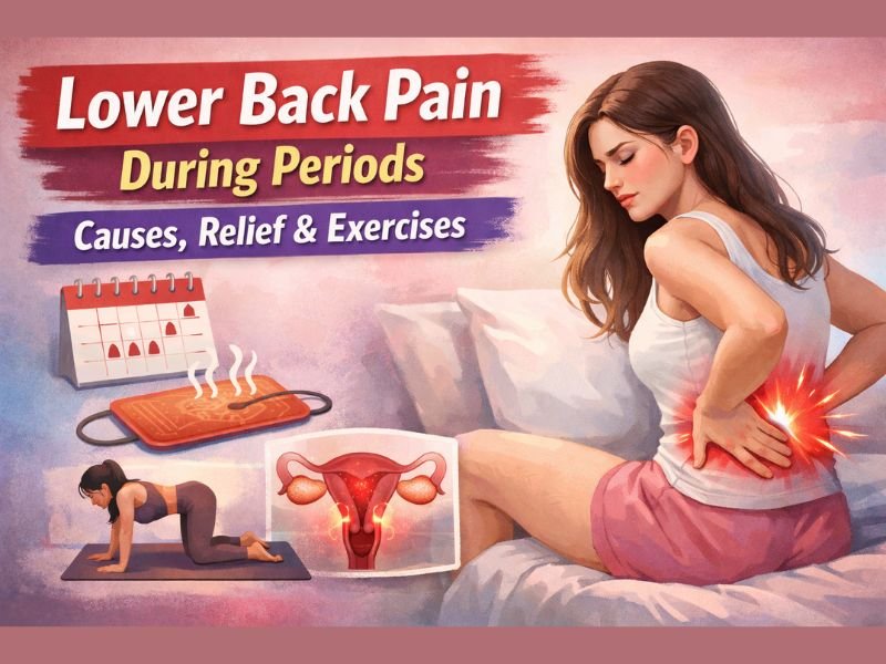 Woman experiencing Lower Back Pain During Periods with exercises and heat therapy for relief
