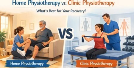 Physiotherapist providing home physiotherapy versus advanced physiotherapy equipment at a clinic.