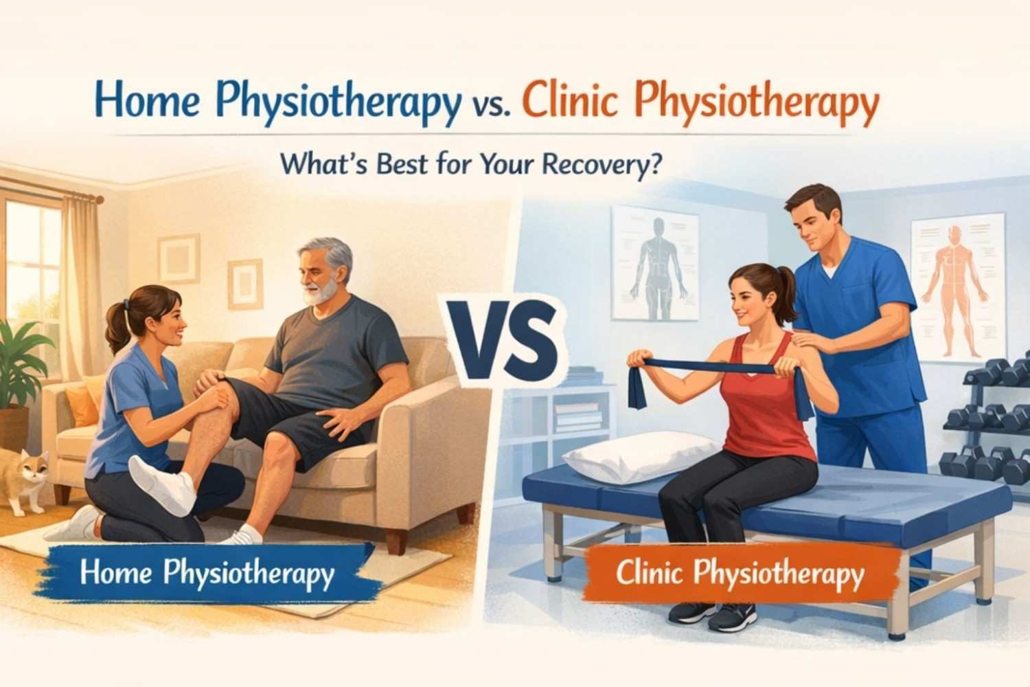 Physiotherapist providing home physiotherapy versus advanced physiotherapy equipment at a clinic.
