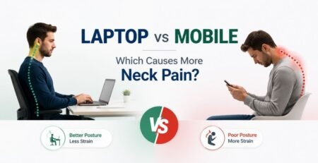 Person experiencing neck pain while using a laptop and mobile phone, explaining tech neck and posture issues treated by Phywell Physiotherapy in Delhi.