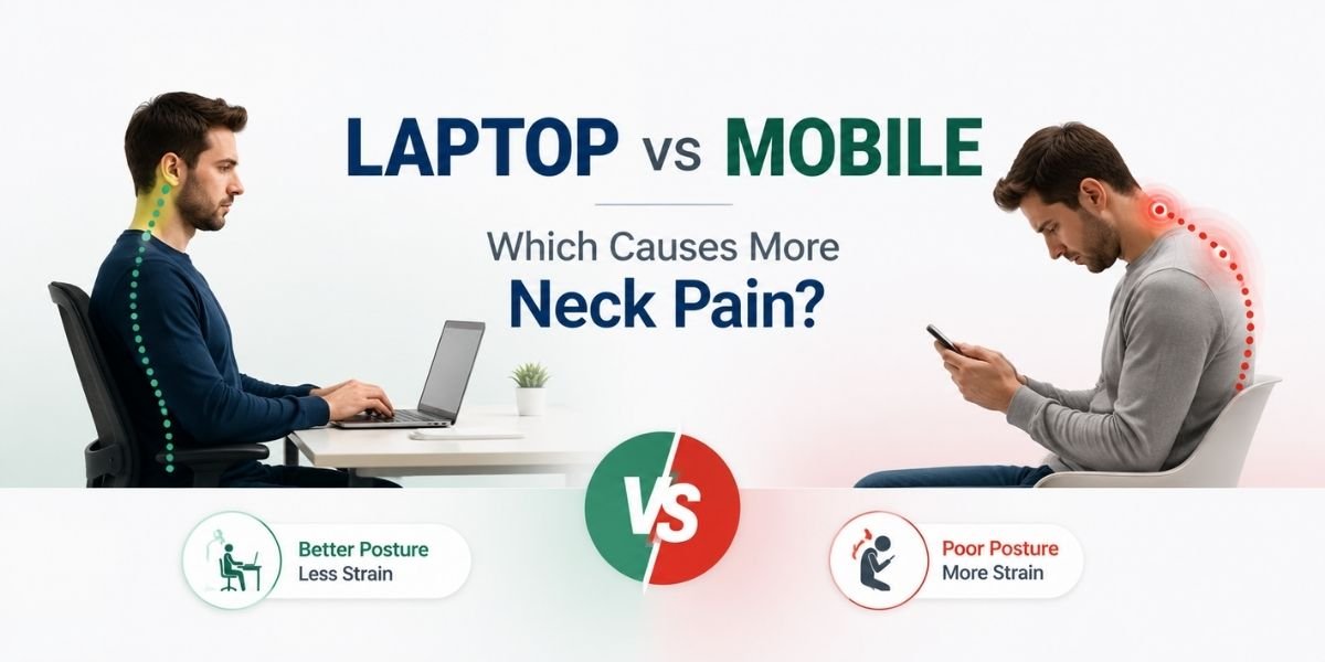 Person experiencing neck pain while using a laptop and mobile phone, explaining tech neck and posture issues treated by Phywell Physiotherapy in Delhi.