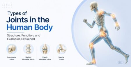 Diagram showing different types of joints in human body including ball and socket, hinge, pivot, and gliding joints