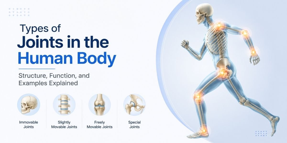 Diagram showing different types of joints in human body including ball and socket, hinge, pivot, and gliding joints
