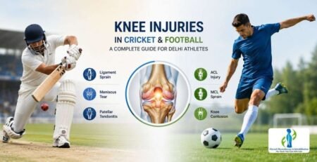 Cricket and football player experiencing knee injury during sports activity with physiotherapy recovery guidance