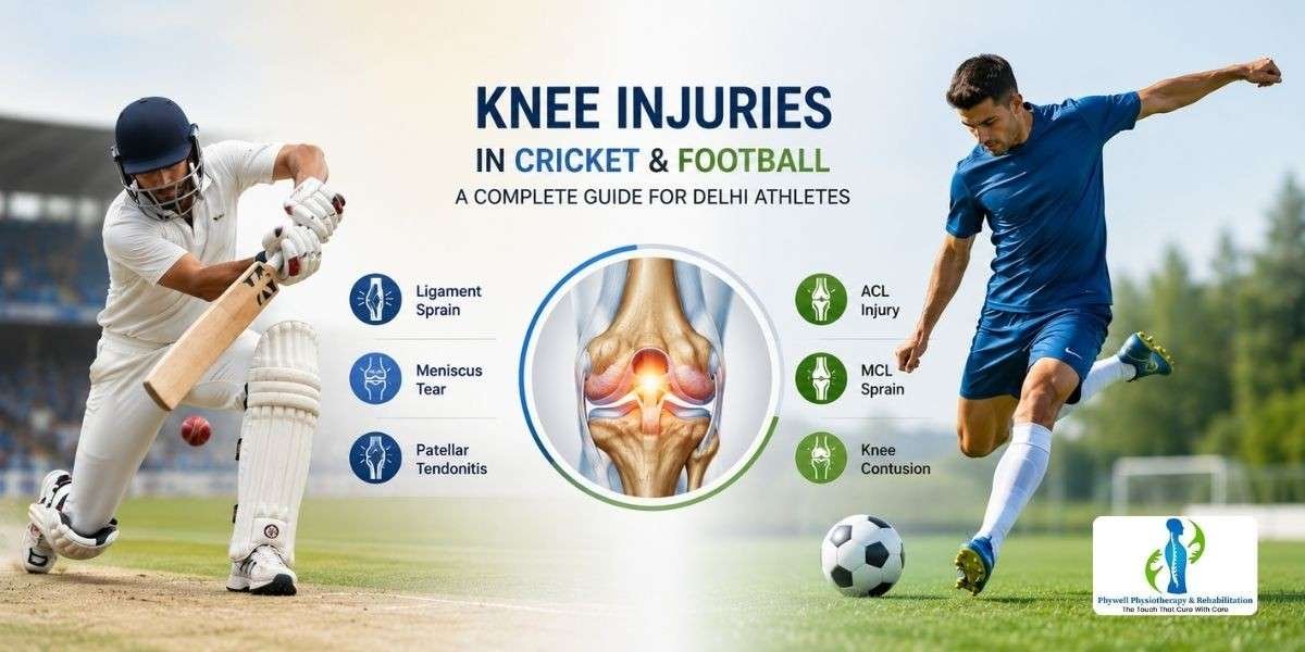 Cricket and football player experiencing knee injury during sports activity with physiotherapy recovery guidance