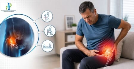 Physiotherapist helping a patient with hip pain after 40 through mobility exercises and rehabilitation therapy.