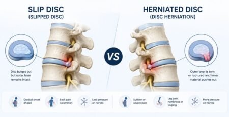 Slip disc vs herniated disc comparison showing spine anatomy, symptoms, causes, and treatment options
