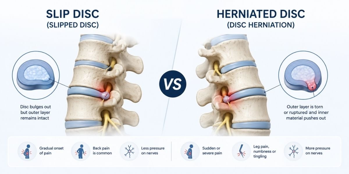 Slip disc vs herniated disc comparison showing spine anatomy, symptoms, causes, and treatment options